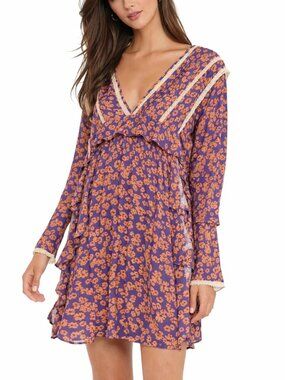 Free People Purple Floral Boho Mini Dress Ruffle Bell Sleeve Cottagecore